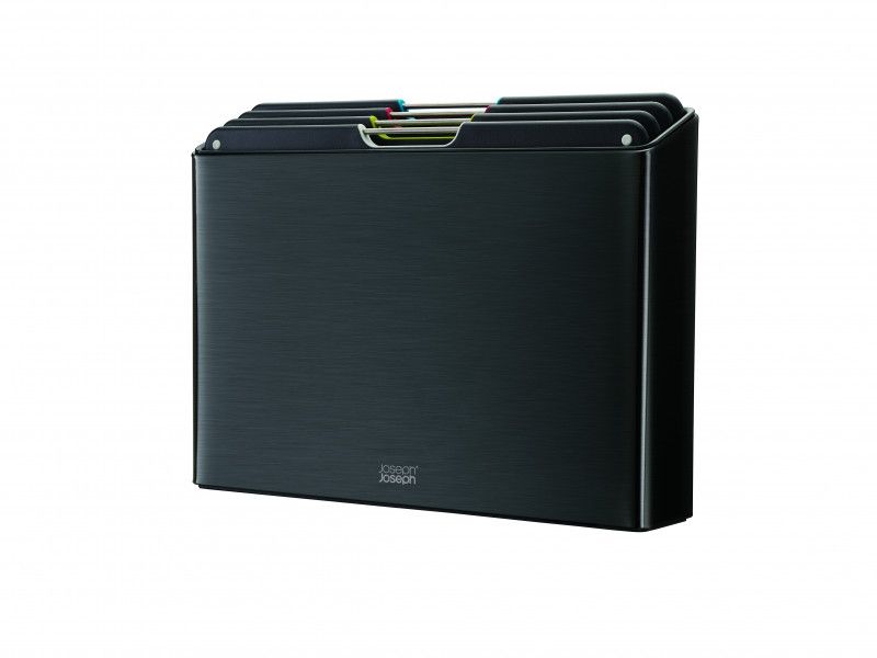 Joseph Joseph Folio Steel 4-piece chopping board set in Carbon Black, featuring a sleek design and textured surfaces for safe food preparation.