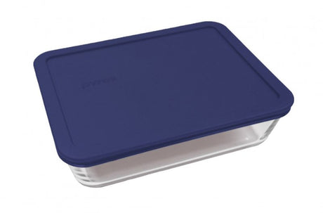 Pyrex 6 Cup Rectangle Container with Blue Lid, ideal for meal prep and food storage, made from durable, BPA-free tempered glass.