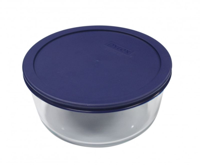 Pyrex Simply Store™ 7 Cup Round Container with Blue Lid, durable glass, BPA-free, ideal for storage and meal prep.