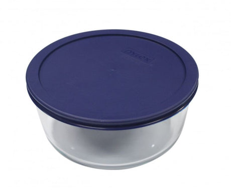 Pyrex Simply Store™ 7 Cup Round Container with Blue Lid, durable glass, BPA-free, ideal for storage and meal prep.