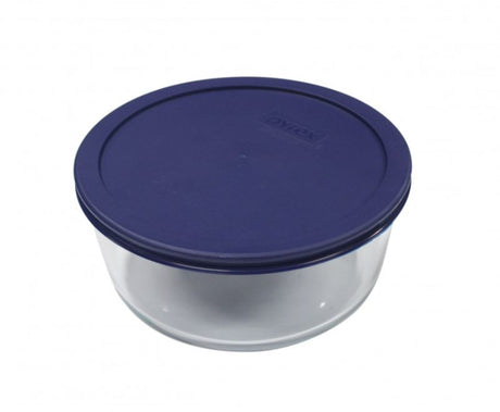 Pyrex Simply Store 4 Cup Round Container with blue lid, ideal for food storage and freshness, microwave and dishwasher safe.