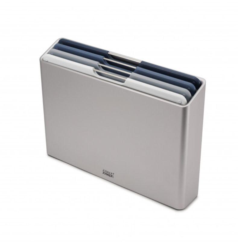 Joseph Joseph Folio Large Chopping Board Set with four color-coded boards in a sleek storage case, perfect for organized food prep.