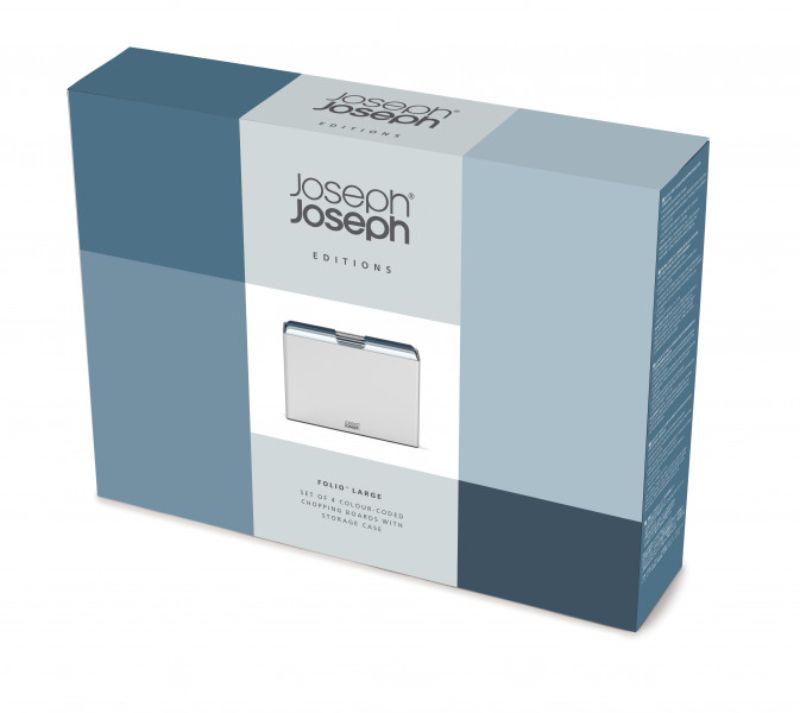 Joseph Joseph Folio Large Chopping Board Set in Sky, featuring color-coded, knife-friendly boards in a sleek storage case.