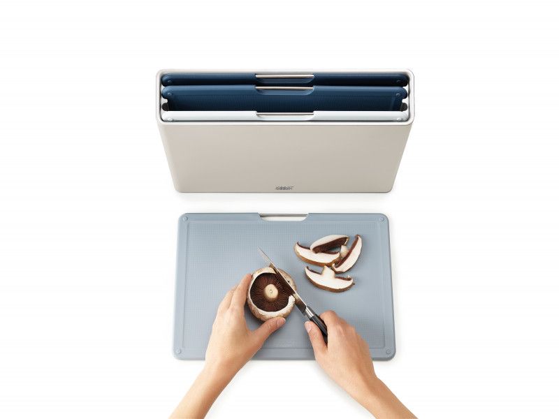 Joseph Joseph Folio Large Chopping Board Set with 4 color-coded boards and stylish storage case for organized kitchen prep.