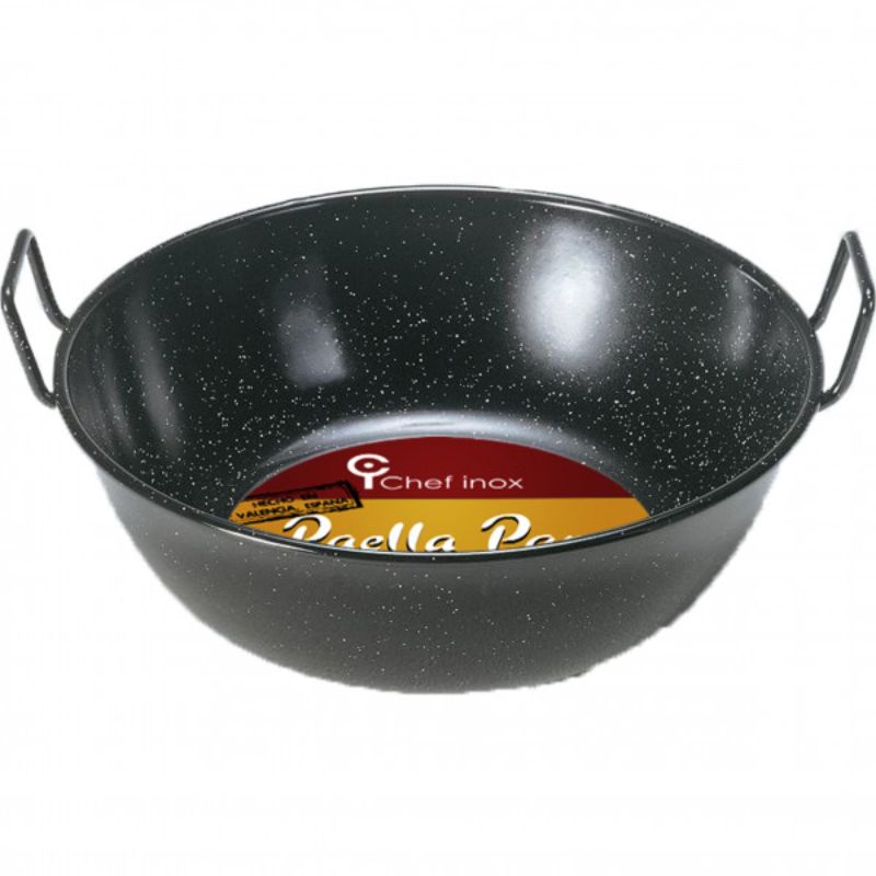 Chef Inox Deep Enamel Paella Pan 280, ideal for authentic paella and even cooking on all heat sources.