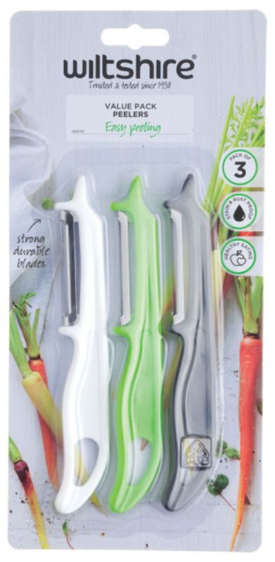 Wiltshire Peelers 3 Pack featuring ergonomic handles and dual blades for effortless peeling of fruits and vegetables.