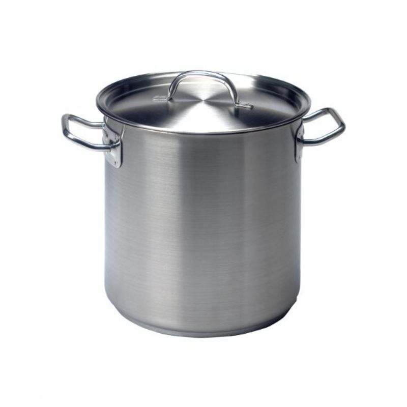 Chef Inox 98L Stockpot with Lid: Durable stainless steel, optimal heat distribution, ideal for large-scale cooking.
