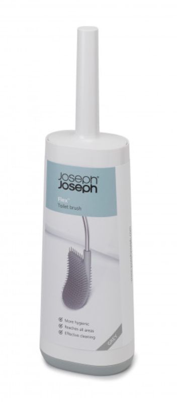 Joseph Joseph Flex Toilet Brush in Grey/White with D-shaped head for thorough, mess-free toilet cleaning and sleek storage holder.