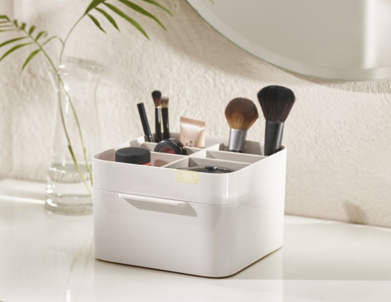 Joseph Joseph Viva Cosmetic Organizer in Shell with drawer, featuring compartments for makeup and accessories, stylish and compact.