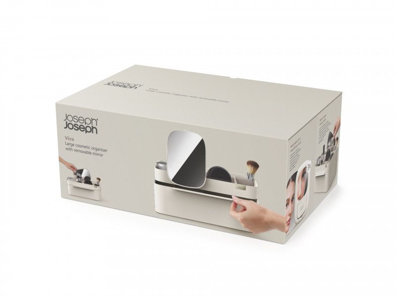Joseph Joseph Viva Large cosmetic organiser in Shell with removable mirror, featuring deep compartments for makeup storage.