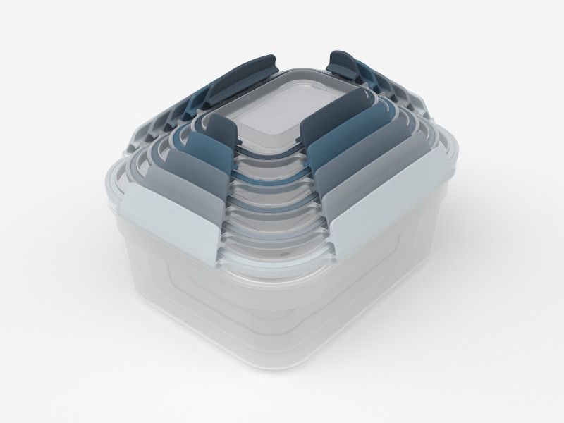 Joseph Joseph Nest Lock 5-piece container set in Sky, featuring color-coded, airtight lids for optimal food storage and organization.