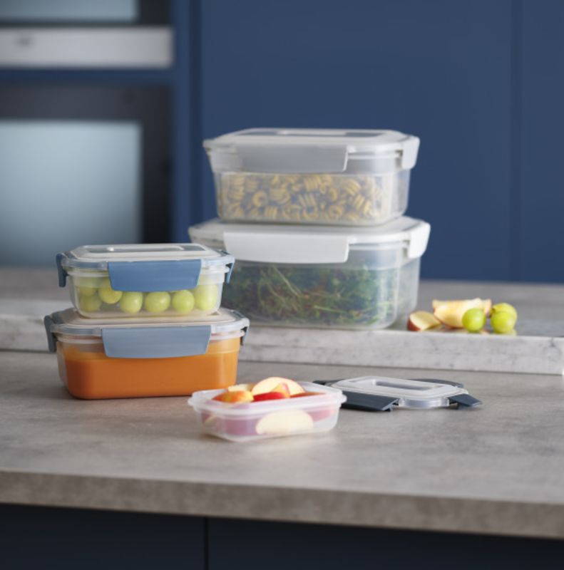 Joseph Joseph Nest Lock 5-piece container set in Sky, featuring nesting design and color-coded, airtight lids for efficient food storage.