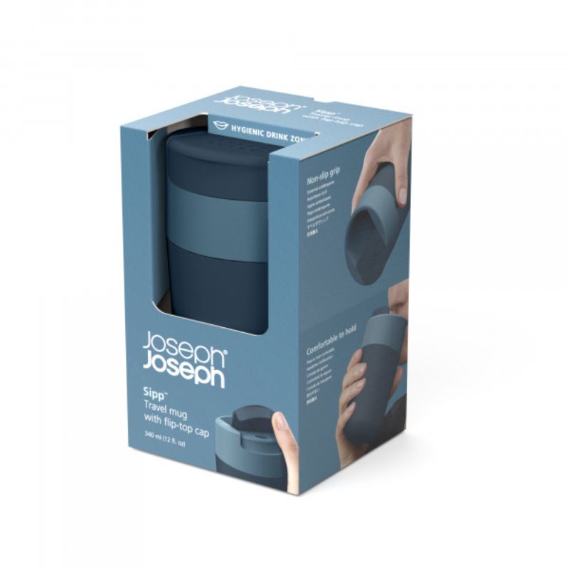 Joseph Joseph Sipp Travel Mug in blue, 340 ml capacity, features a hygienic flip-top cap and durable BPA-free design.