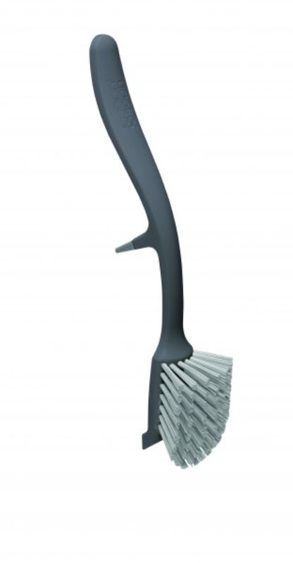 Joseph Joseph Edge Dish Brush in Grey with curved non-scratch head and integrated pan scraper for effective cleaning.