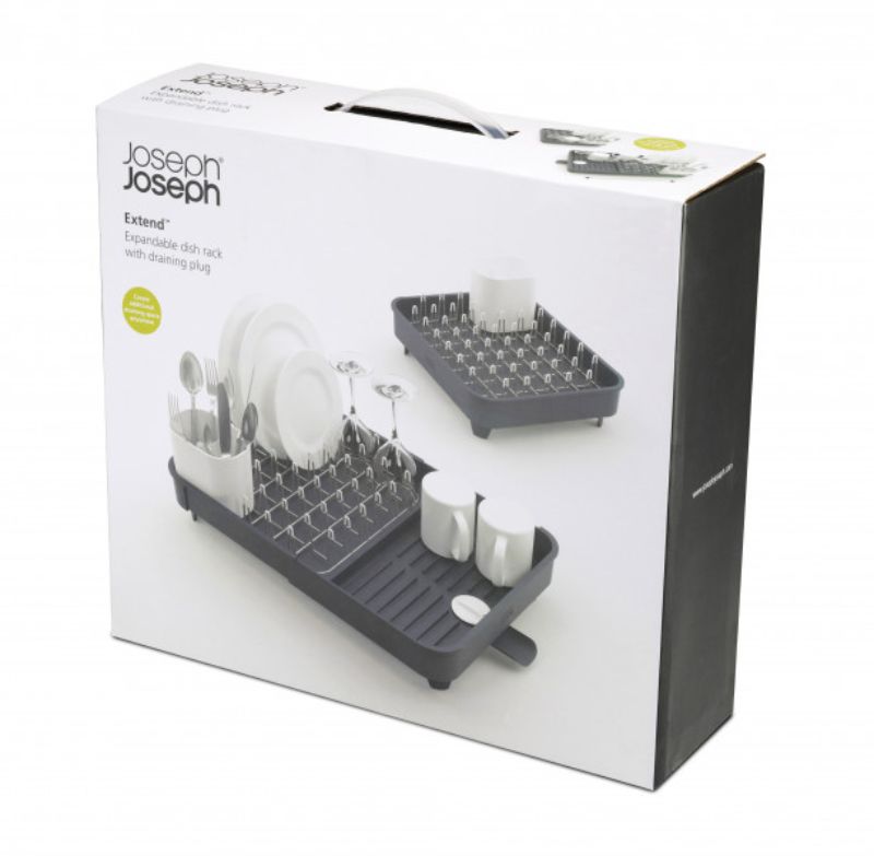 Expandable grey dish rack with built-in spout, non-slip feet, and non-scratch prongs for effective drying.