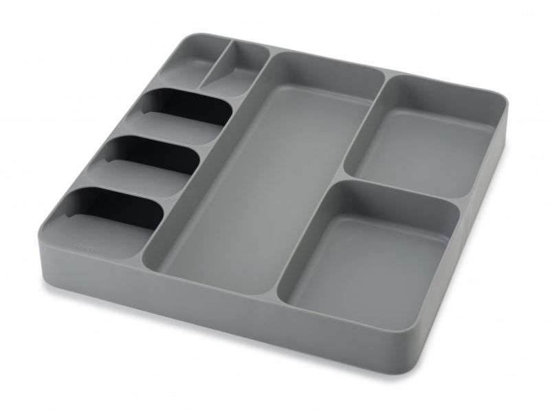 Joseph Joseph DrawerStore in grey, featuring five compartments for cutlery and gadgets, ideal for organized kitchen storage.