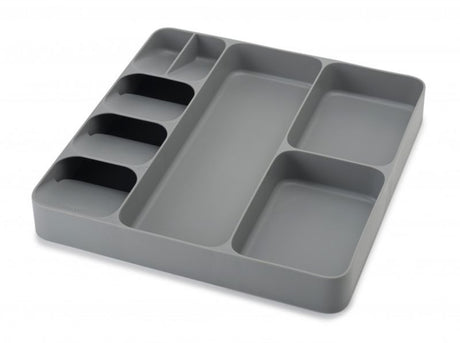 Joseph Joseph DrawerStore in grey, featuring five compartments for cutlery and gadgets, ideal for organized kitchen storage.