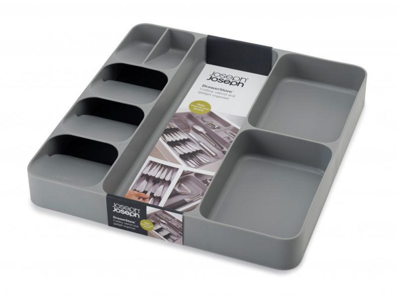 Joseph Joseph DrawerStore cutlery organiser in grey, featuring five compartments for efficient kitchen storage and easy access.