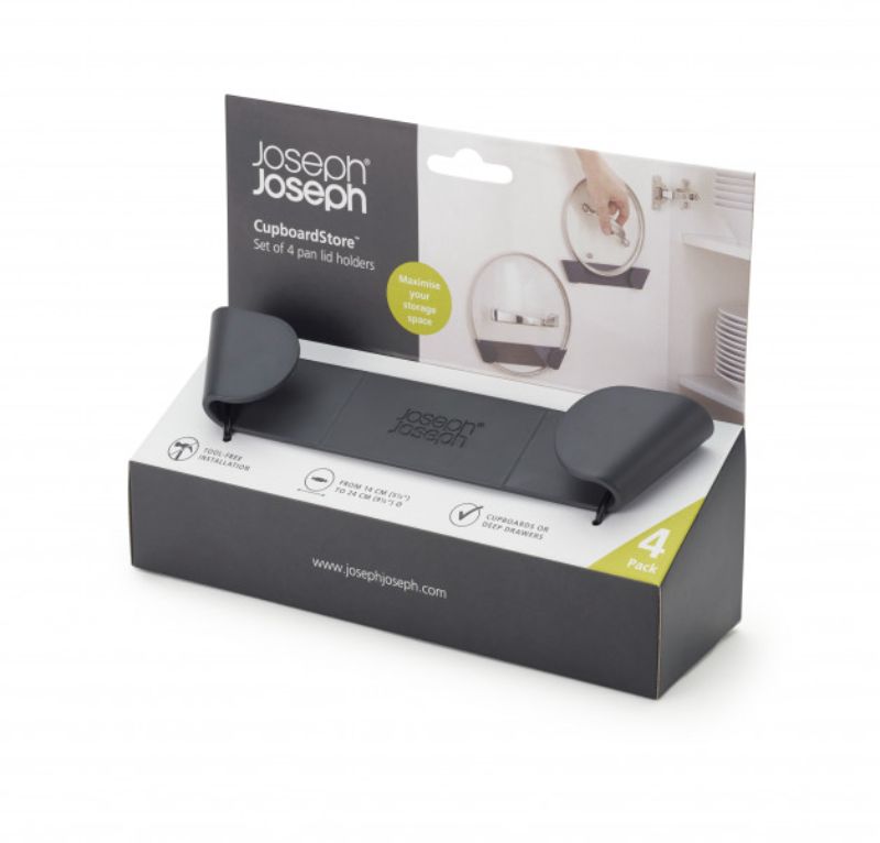 Set of 4 Joseph Joseph pan lid holders for organized kitchen storage, fitting lids 16-24 cm, easy installation.