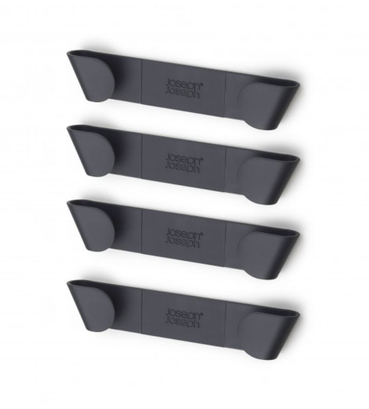 Set of 4 Joseph Joseph in-cupboard pan lid holders, maximizing storage for lids 16-24 cm, easy peel-and-stick installation.
