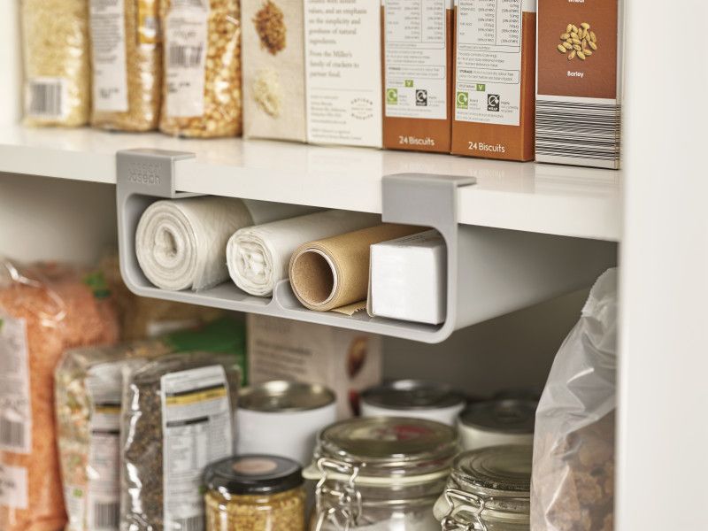 Joseph Joseph CupboardStore in grey, an organizer for foil, film, and bags, perfect for maximizing cupboard space.