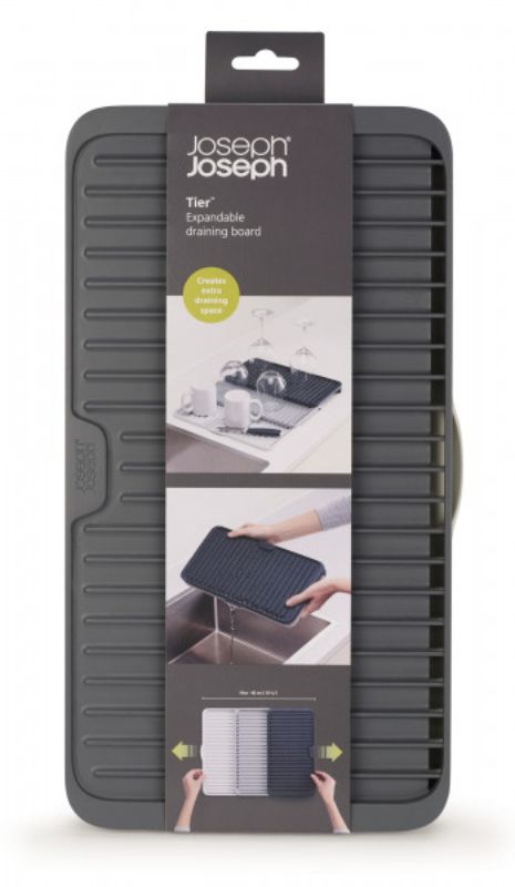 Joseph Joseph Tiered Dish Drainer, collapsible design for efficient drying, maximizes space, prevents water pooling.