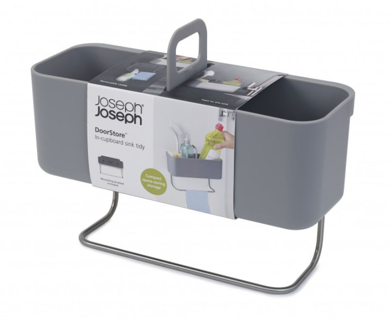 Joseph Joseph DoorStore in-cupboard sink tidy in grey, designed for organized storage of cleaning essentials inside cupboards.