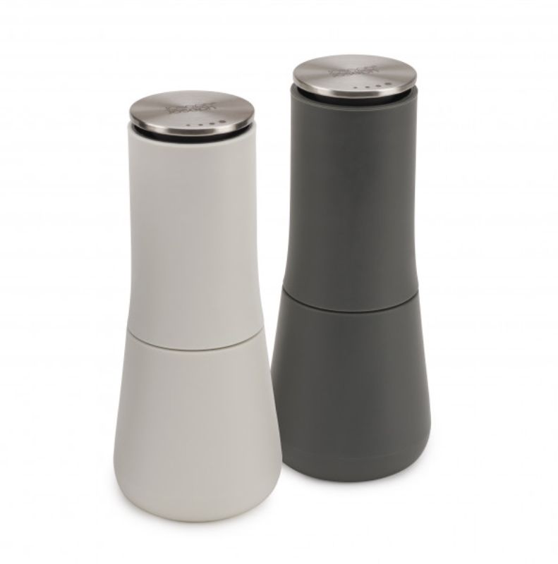 Joseph Joseph Milltop Salt and Pepper Set with inverted design for mess-free seasoning and adjustable ceramic grinder.