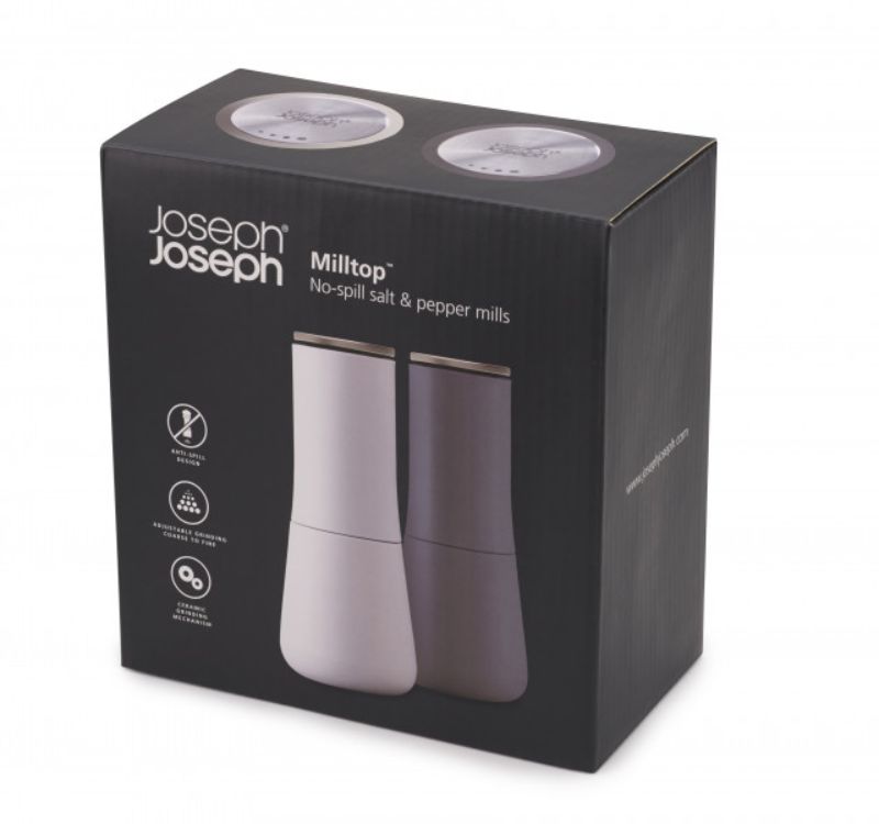 Joseph Joseph Milltop Salt and Pepper Set, featuring an inverted design for mess-free seasoning and adjustable grind size.