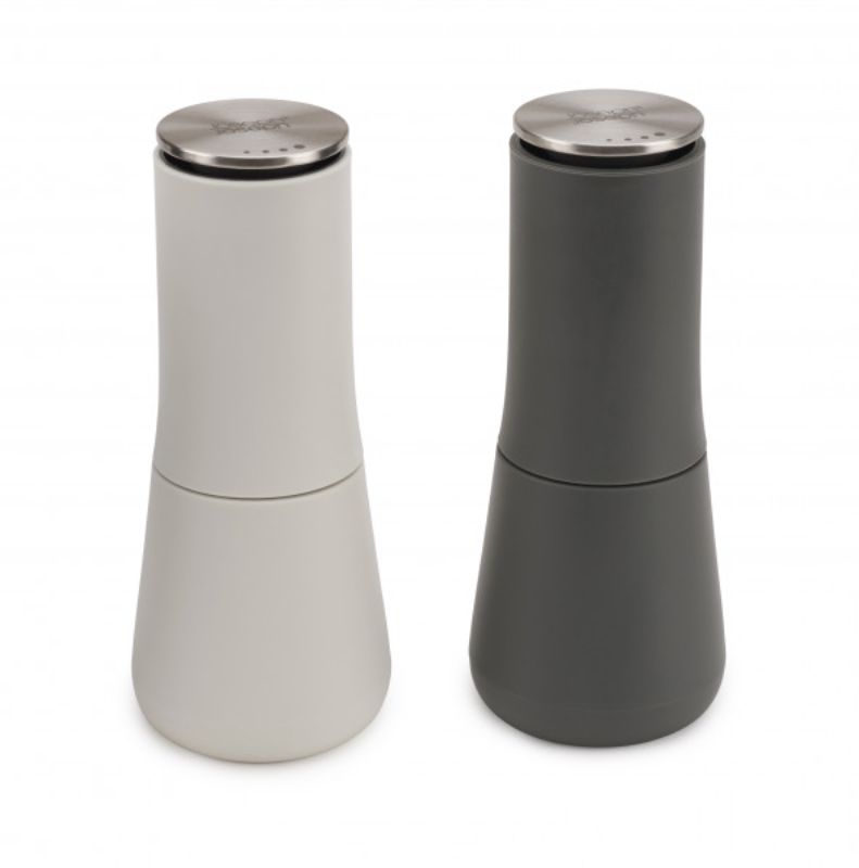 Joseph Joseph Milltop Salt and Pepper Set in sleek design, features inverted shape for mess-free seasoning and ceramic grinder.