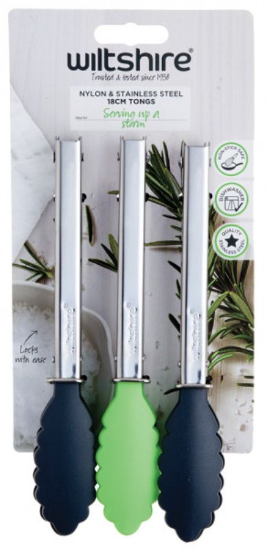 Wiltshire Mini Tongs 3 in stainless steel with color-coded nylon heads, ideal for non-stick cookware and safe food handling.
