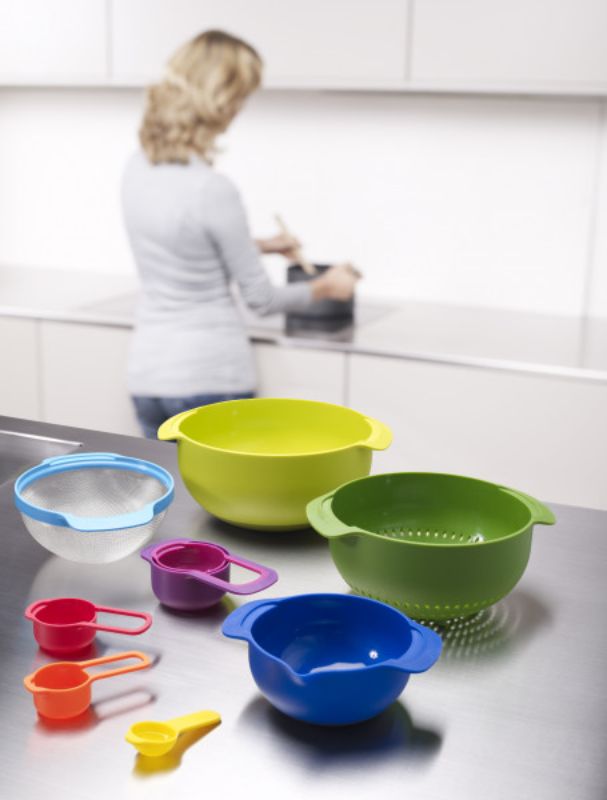 Joseph Joseph Nest 9 Piece kitchenware with space-saving design includes mixing bowls, measuring cups, colander, and sieve.