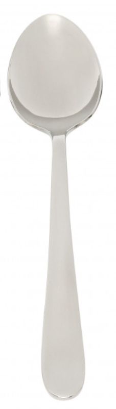 Set of 12 Stanley Rogers Albany dessert spoons, stainless steel with mirror polish, featuring rounded handles for comfort.