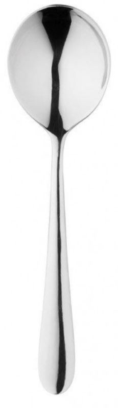 Set of 12 Stanley Rogers Albany soup spoons featuring elegant stainless steel design with mirror polish for a sophisticated dining experience.