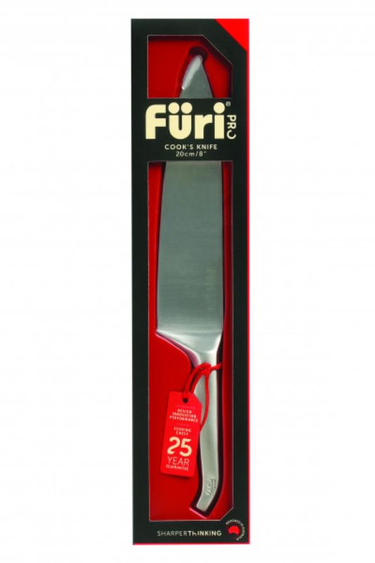 Furi Pro Cook's Knife 20cm: high-carbon stainless steel blade, reverse-wedge handle for excellent grip and control.