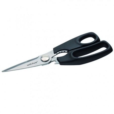 Wiltshire Kitchen Shears with stainless steel blades, ergonomic design, and secure locking mechanism for easy meal prep.