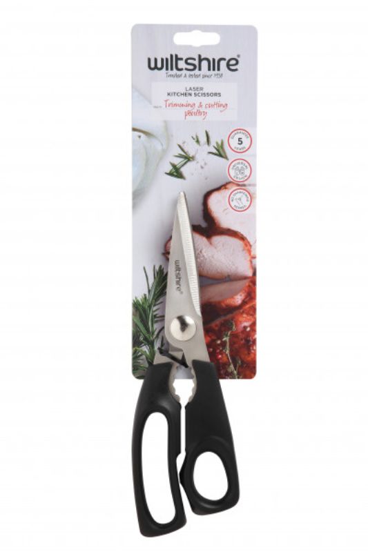 Wiltshire Kitchen Shears with stainless steel blades for cutting poultry, fish, and vegetables, featuring ergonomic design and safety lock.