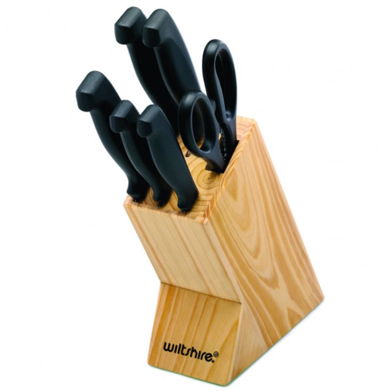 Wiltshire Laser Edge Knife Block set showcasing 7 stainless steel knives in a stylish wooden block for efficient cooking.