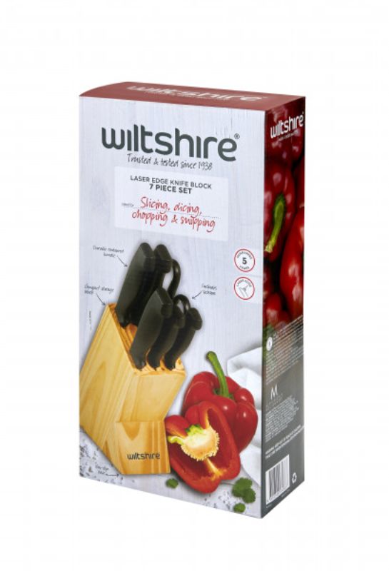 Wiltshire Laser Edge Knife Block 7 Piece set featuring high-quality stainless steel knives in a stylish wooden block.