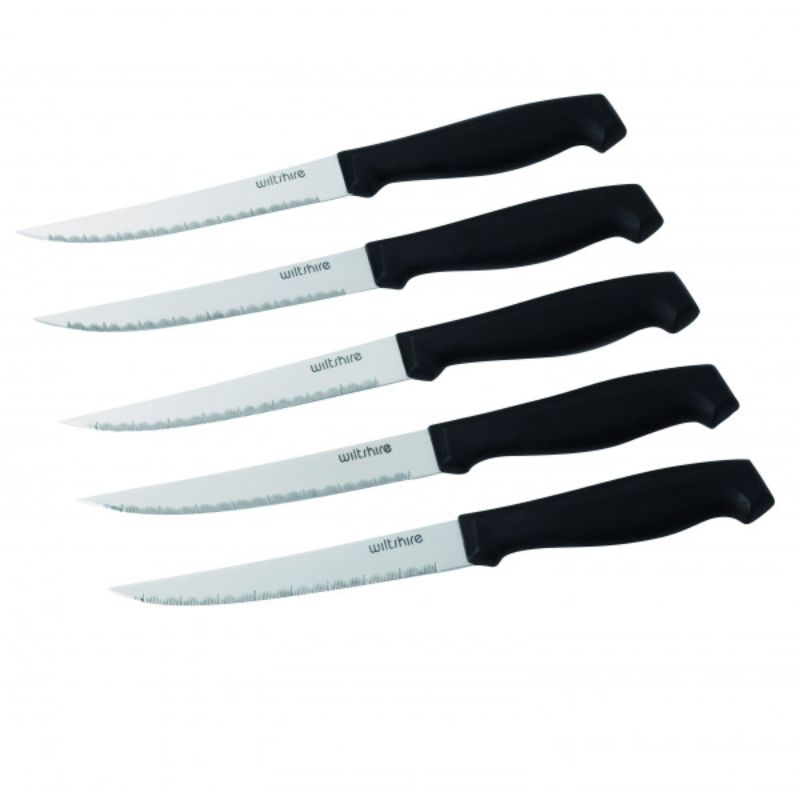 Wiltshire Steak Knife Set of 6 with stainless steel blades and ergonomic handles for effortless slicing and elegant dining.