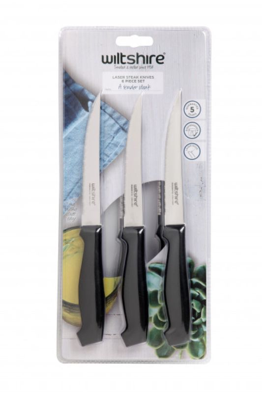 Wiltshire Steak Knife Set of 6 with laser-edge stainless steel blades and ergonomic handles for effortless dining.