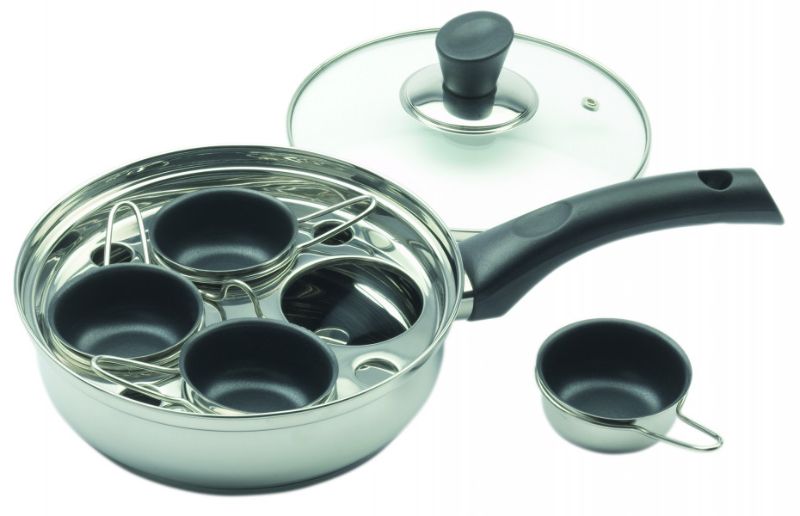 Wiltshire Egg Poacher 4 Cup with non-stick cups, tempered glass lid, and stainless steel design for perfect poached eggs.