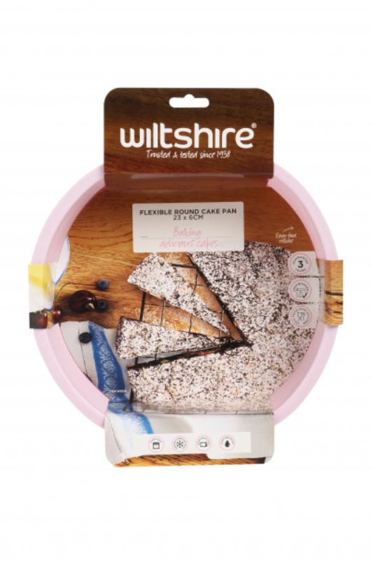 Wiltshire Flexible Round Cake Pan, 23x6 cm, non-stick, microwave-safe, foldable for easy storage, perfect for baking round cakes.
