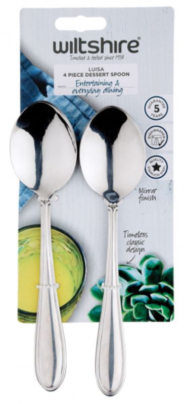 Set of 4 Wiltshire Luisa Dessert Spoons, elegant stainless steel with mirror finish, perfect for desserts and special occasions.