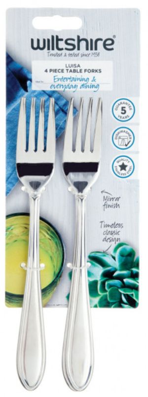 Set of 4 elegant stainless steel table forks with mirror finish, perfect for any dining occasion.