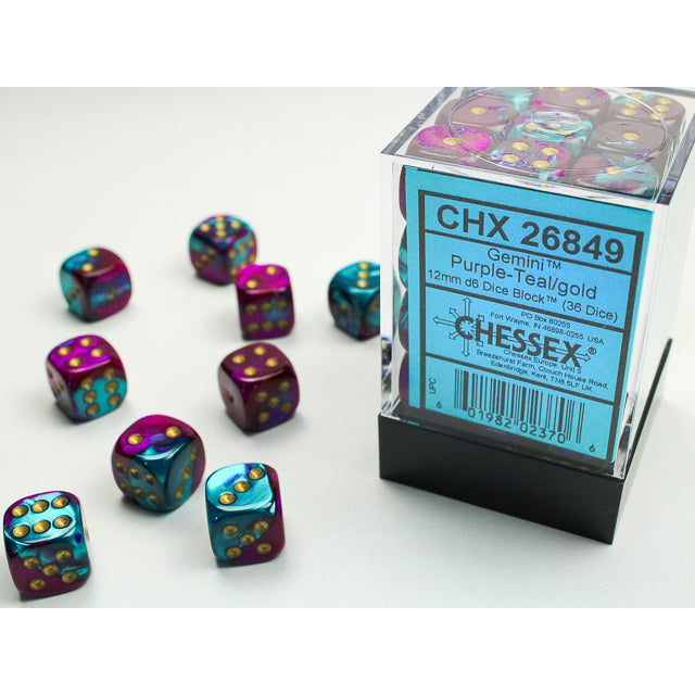 CHX 26849 Gemini Purple-Teal/gold 12mm d6 Dice Block (36 dice)