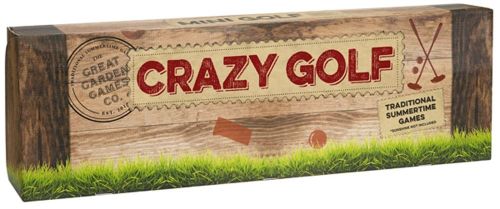 Professor Puzzle Crazy Golf Set featuring customizable pinewood course, putters, balls, and obstacles for indoor fun.