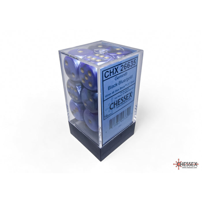 CHX 26635 Gemini Black-Blue/gold 16mm d6 Dice Block (12 dice)