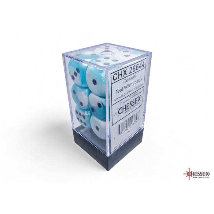 CHX 26644 Gemini Teal-White/black 16mm d6 Dice Block (12 dice)