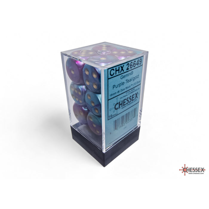 CHX 26649 Gemini Purple-Teal/gold 16mm d6 Dice Block (12 dice)